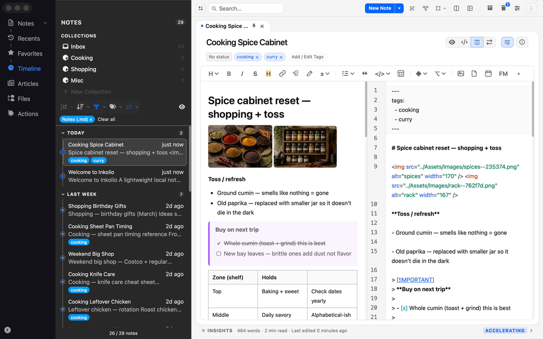 Split view: Rich text and Markdown editing side by side